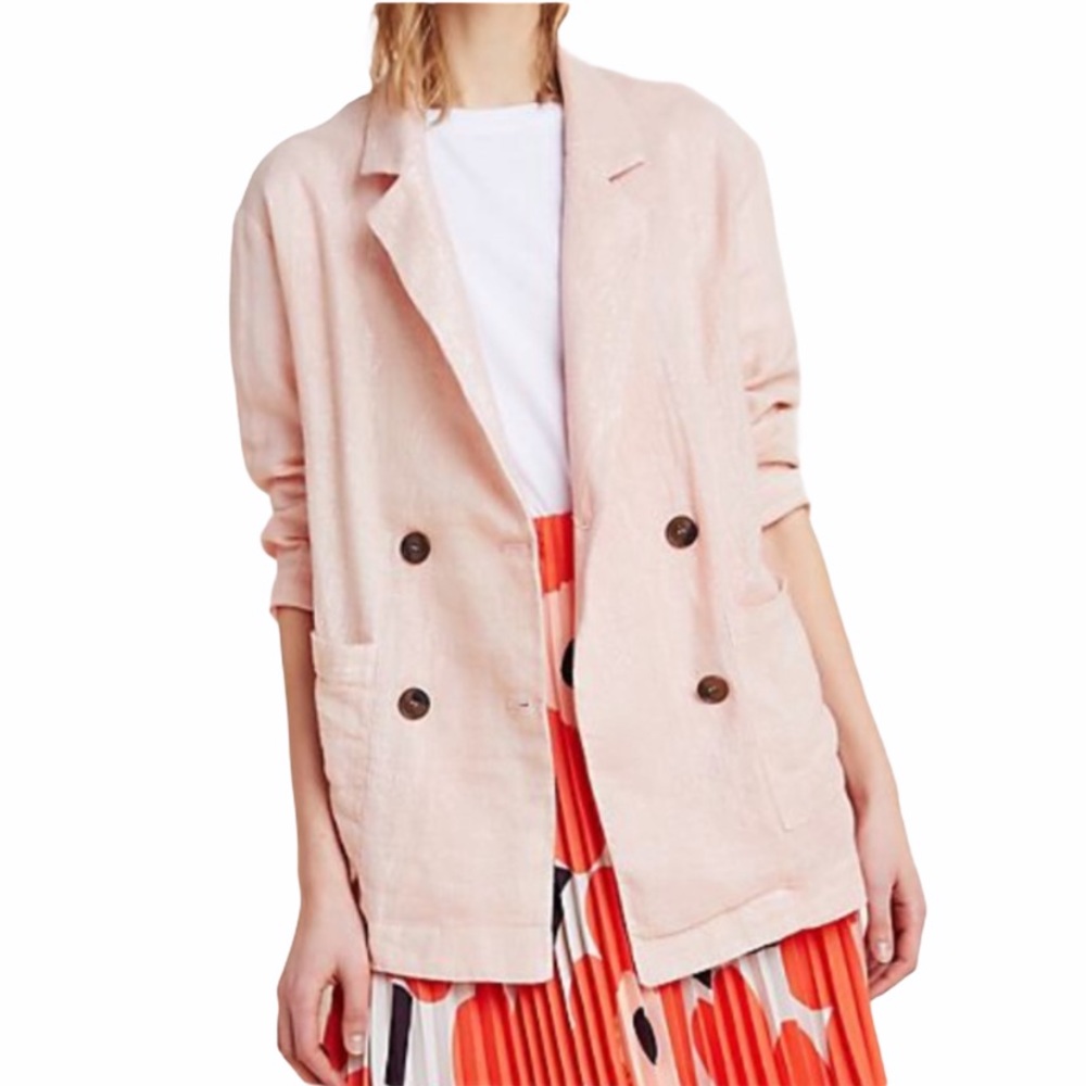 Anthropologie Light Pink Linen Double-Breasted Blazer